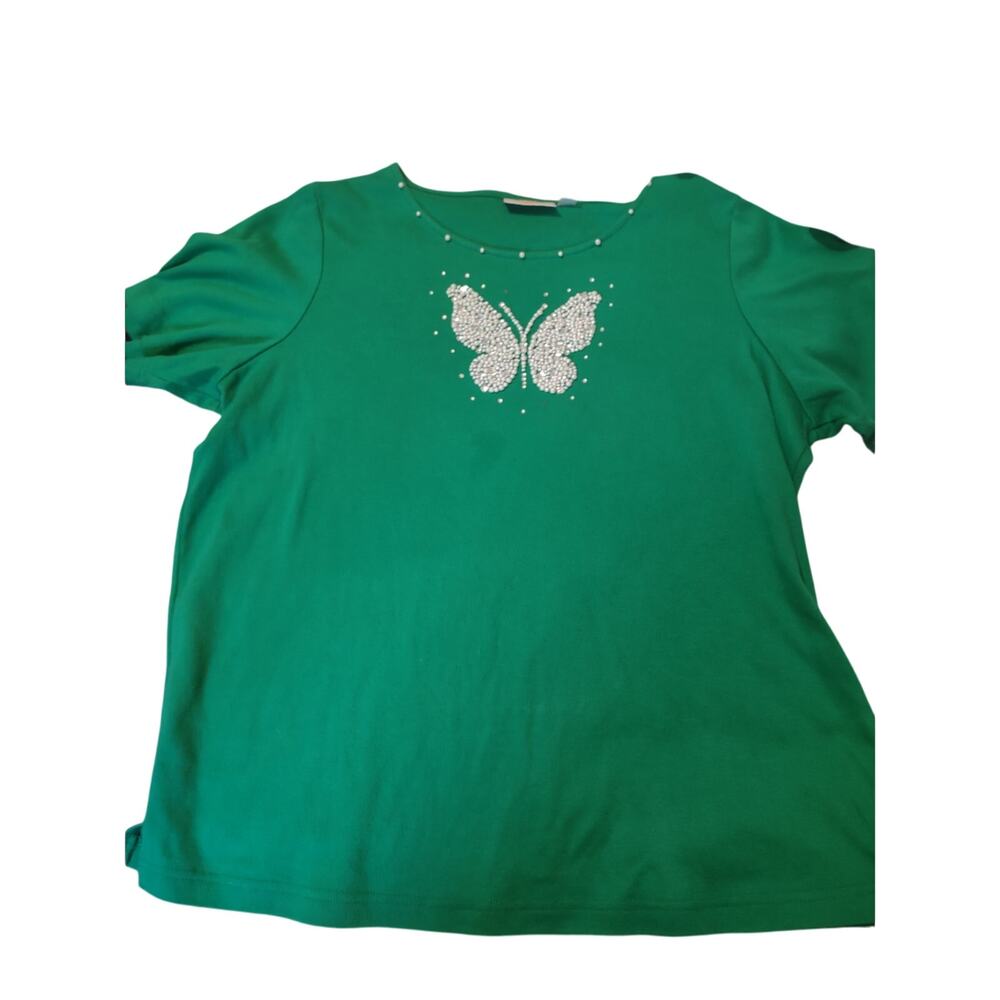 Quacker Factory Green Embellished Butterfly Top L Casual Y2K Style‎ Lightweight